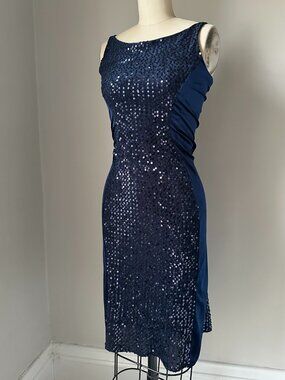 Navy Sequin Midi Dress XS | Velvet Cocktail Evening Dress